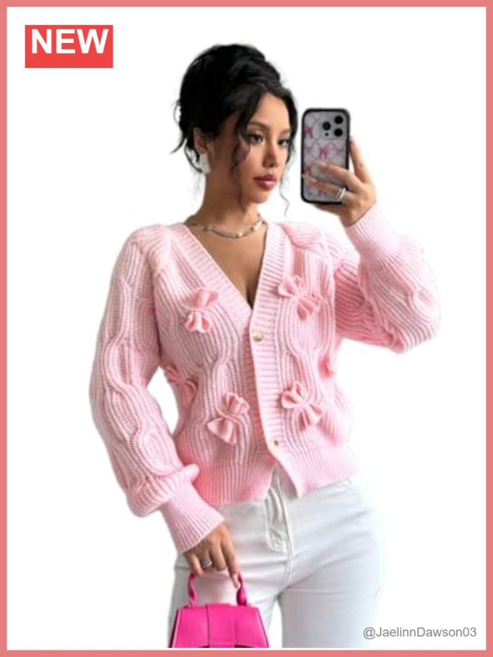 Cropped Bow Chunky Knit Cardigan Open Front Long Sleeve Button Up Sweater